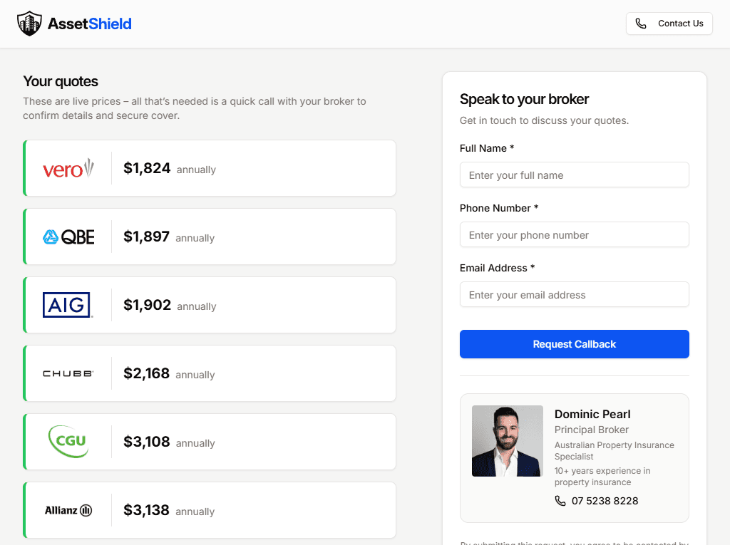 AssetShield live quote results